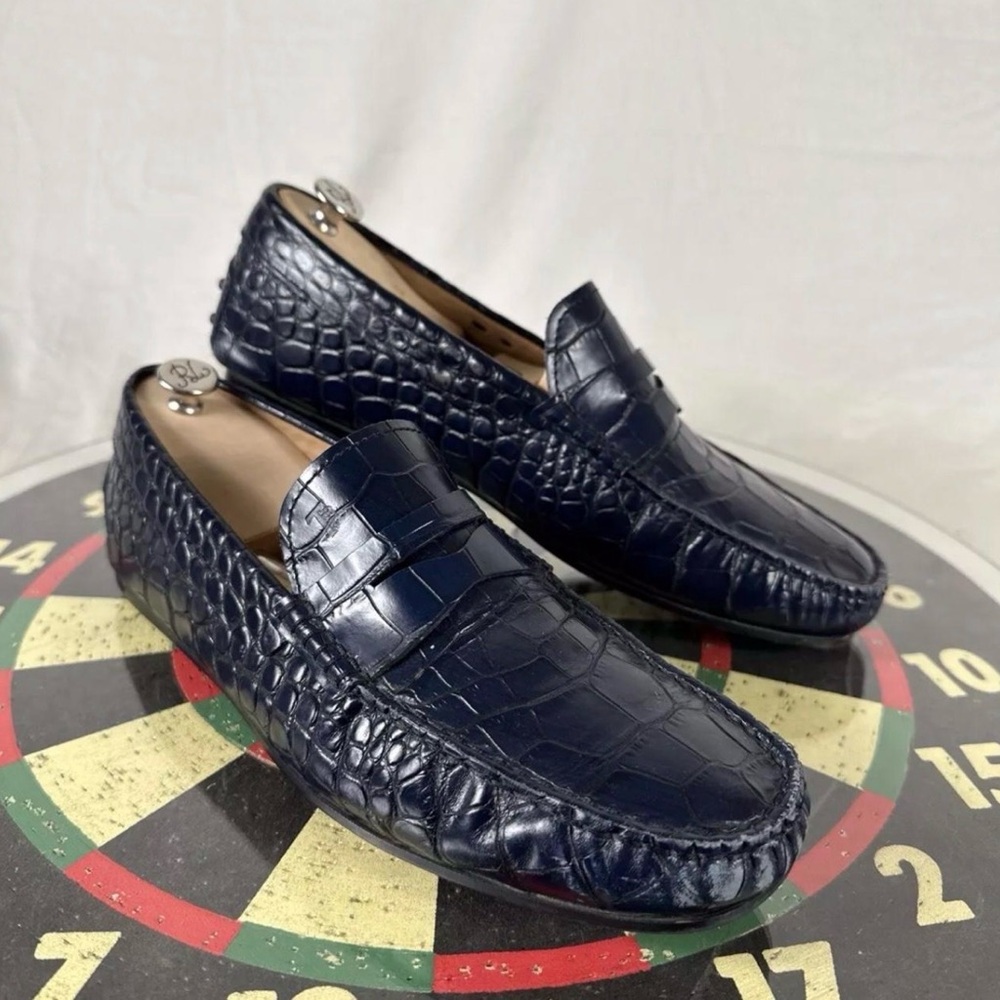 Tods Gommino Embossed Blue Gator Penny Loafer Casual Dress Shoes Driver M 7 US 8
